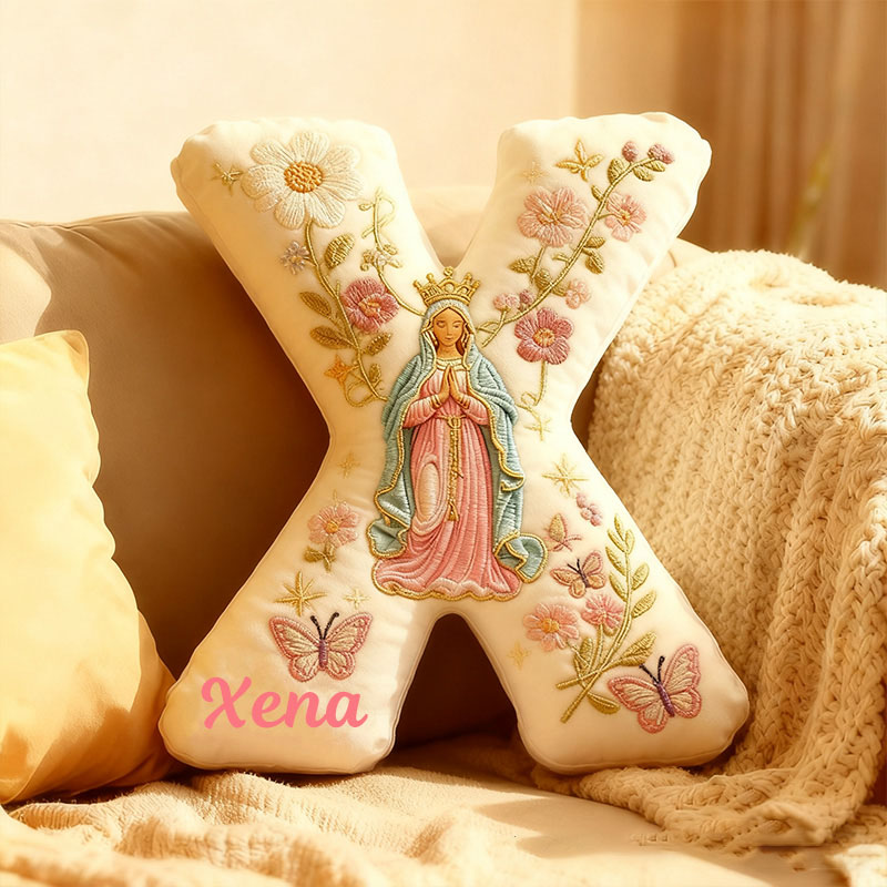 Personalized Virgin Mary Letter Pillow with Custom Name Home Decor Flower Butterfly Vine Graphic 3D Print Pillow Religious Faith Gift Catholic Gift