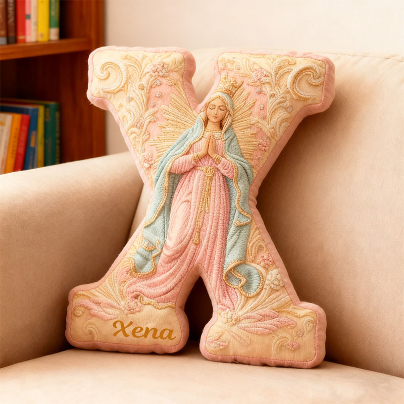 Personalized Golden Grace Virgin Mary Letter Pillow with Custom Name Home Decor Our Lady Pillow Catholic Marian Pillow Christian Gift Graphic 3D Print