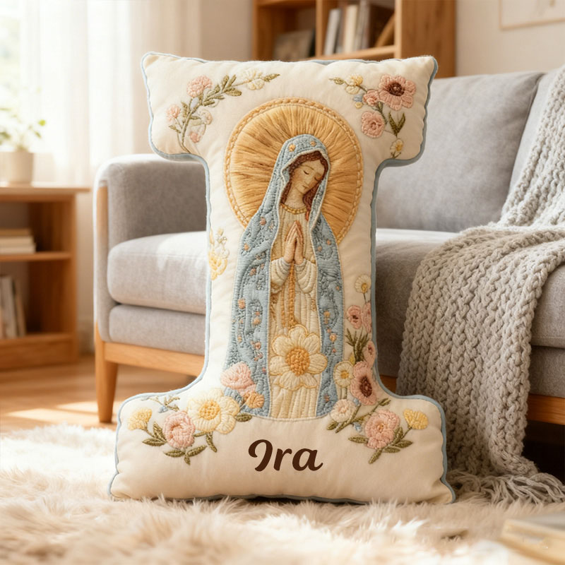 Personalized Virgin Mary Letter Pillow with Custom Name Home Decor Religious Gift for Her Catholic Gift for Women Floral Graphic 3D Print Pillow