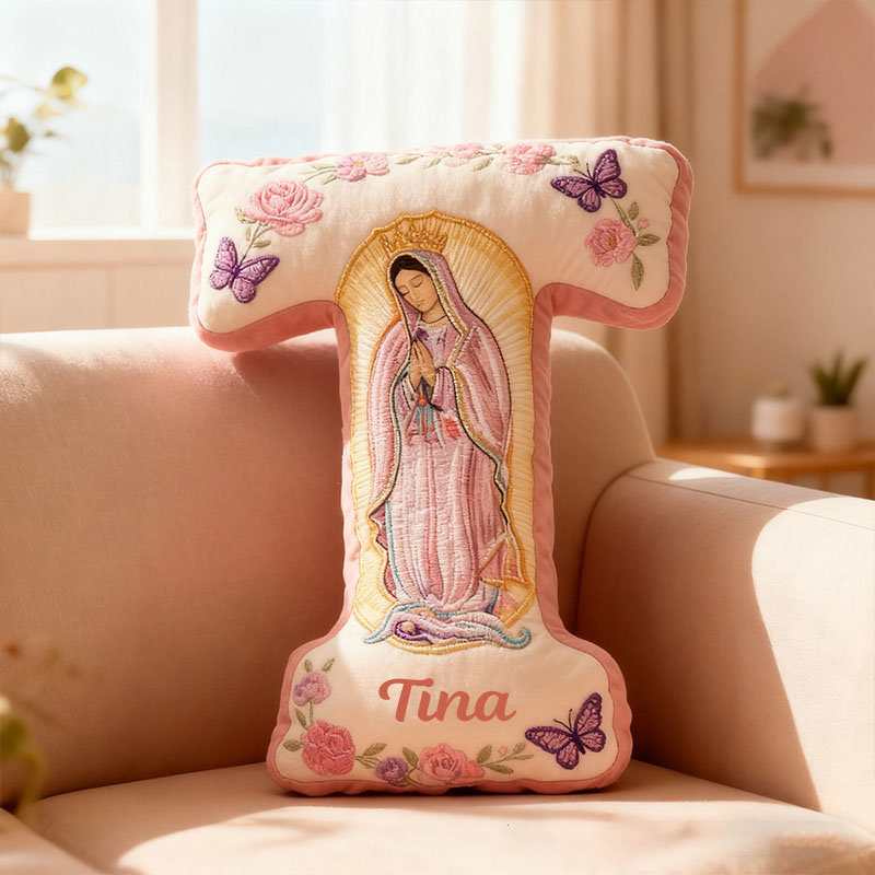 Personalized Virgin Mary Letter Pillow with Custom Name Faith Christian Home Decor Catholic Gift for Her Floral and Butterfly Graphic 3D Print Pillow