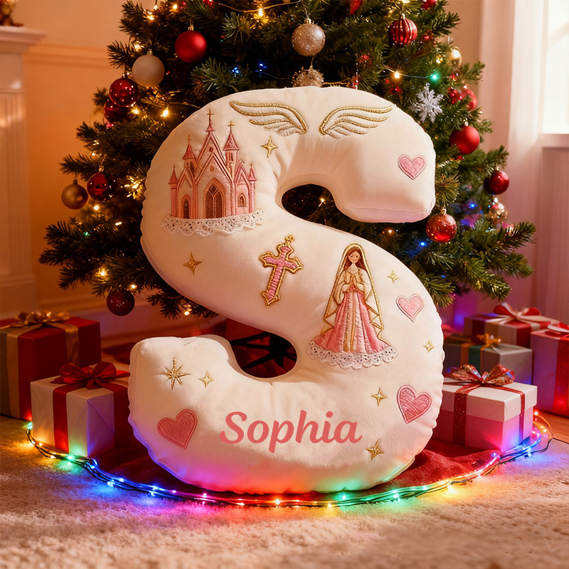Personalized Virgin Mary Letter Pillow with Custom Name Kid Room Decor Church Cross Angel Wing Religious Faith Gift for Her Graphic 3D Print Pillow
