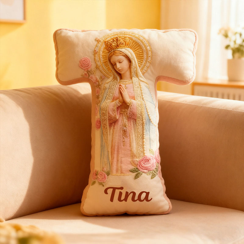 Personalized Our Lady of Guadalupe Letter Pillow with Custom Name Home Decor Catholic Gift for Prayer & Faith Virgin Mary Pink Rose Graphic 3D Print