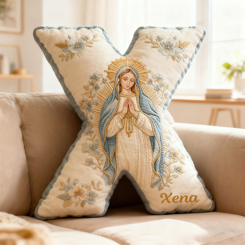 Personalized Virgin Mary Letter Pillow with Custom Name Religious Home Decor Catholic Gift for Her Prayer & Faith Gift Floral Graphic 3D Print Pillow