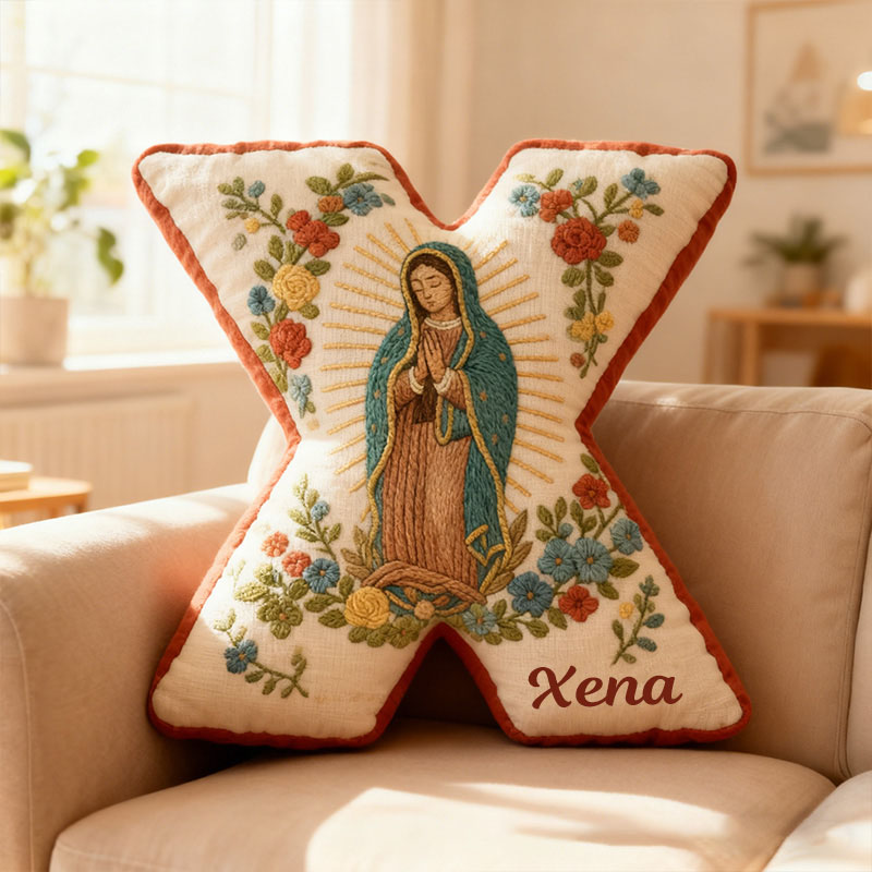 Personalized Virgin Mary Letter Pillow with Custom Name Faith Christian Home Decor Catholic Gift for Her Our Lady of Guadalupe Floral Graphic 3D Print