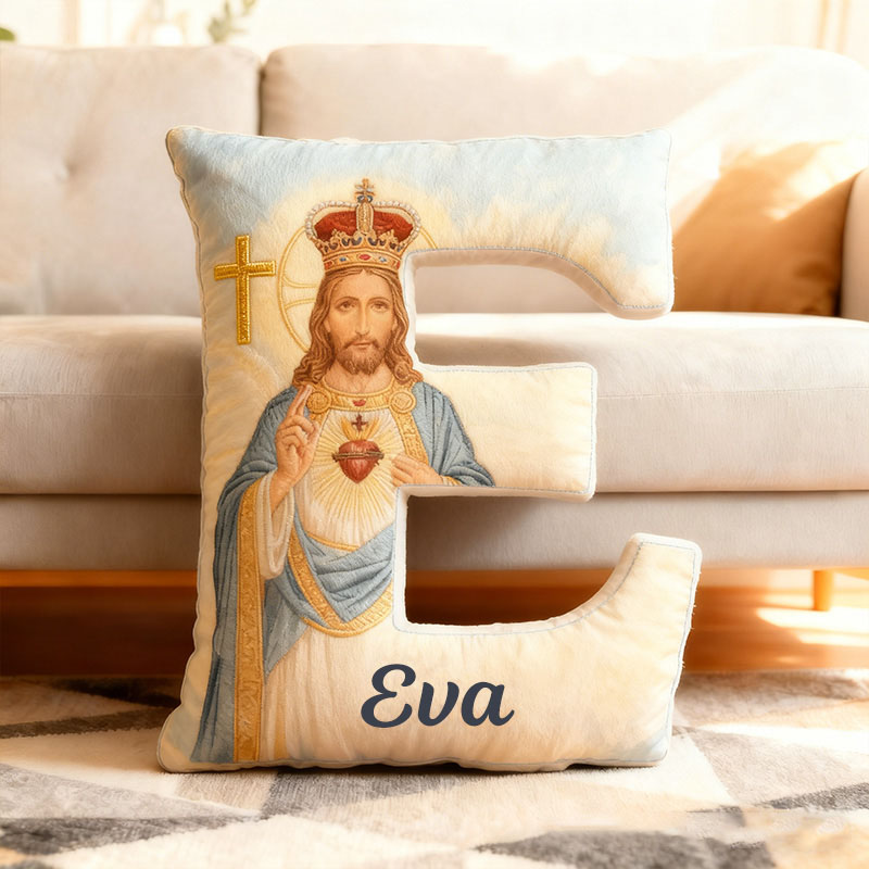 Personalized the Sacred Heart of Jesus Letter Pillow with Custom Name Religious Home Decor Christian Gift for Prayer & Faith Graphic 3D Print Pillow