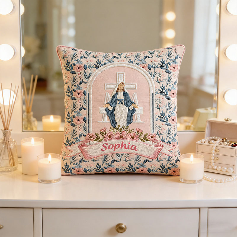 Personalized Virgin Mary Floral Pillow with Custom Name Home Decor Religious Gift Catholic Gift for Her Cross and Marian Graphic 3D Print Pillow