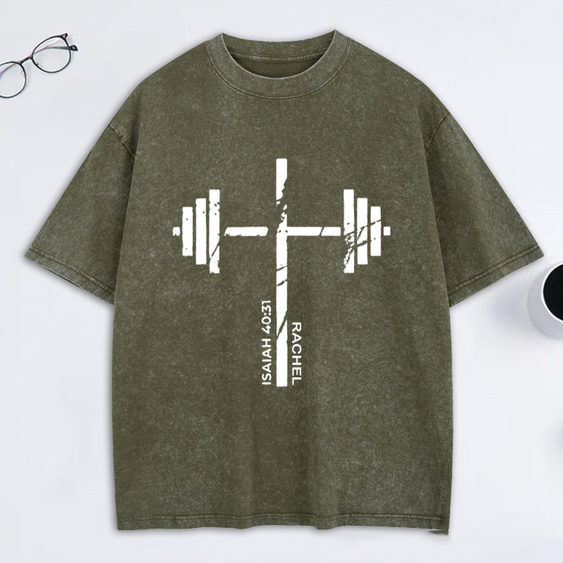 Personalized Christian Gym Cross Washed T-Shirt with Name Lift Heavy Pray Hard Shirt Faith Workout Top Jesus Fitness Apparel Religious Gift for Men