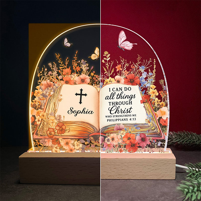 Personalized Name with Book of Favorite Bible Verses LED Night Light Home Decor Butterfly and Floral Night Light Religious Christian Gift for Her