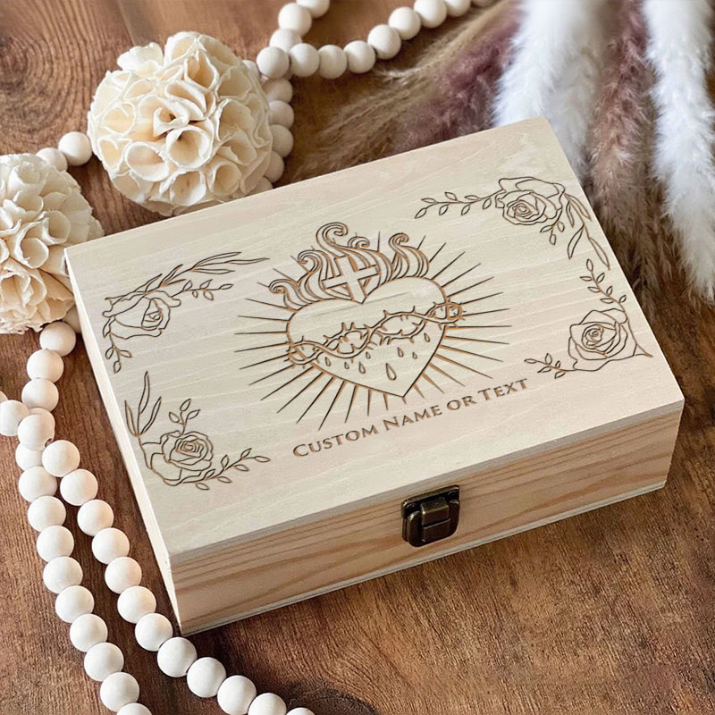 Personalized Sacred Heart Wooden Keepsake Box with Custom Name or Text Faith Home Decor Christian Memory Box Prayer Box Catholic Gift Religious Gift
