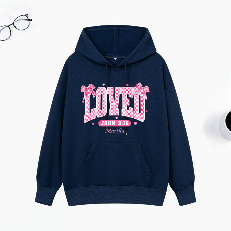 Personalized Checkered Loved John 3:16 Bible Verse Classic Hoodies with Name Retro Hoodies Religious Gift Valentines Day Gift for Couple