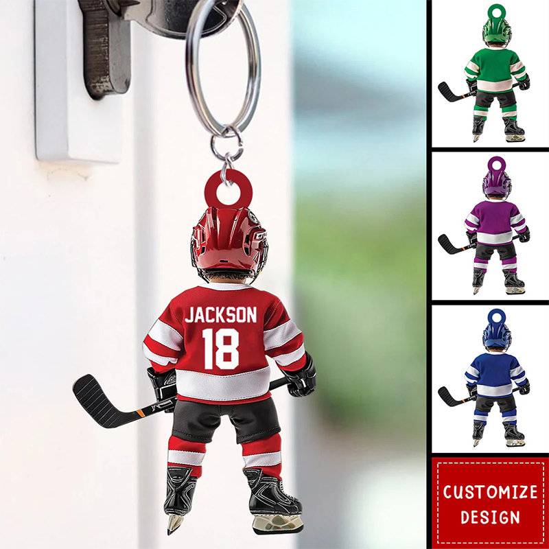 Personalized Acrylic Ice Hockey Player Keychain with Custom Name, Number, and Jersey Design for Ice Hockey Fans