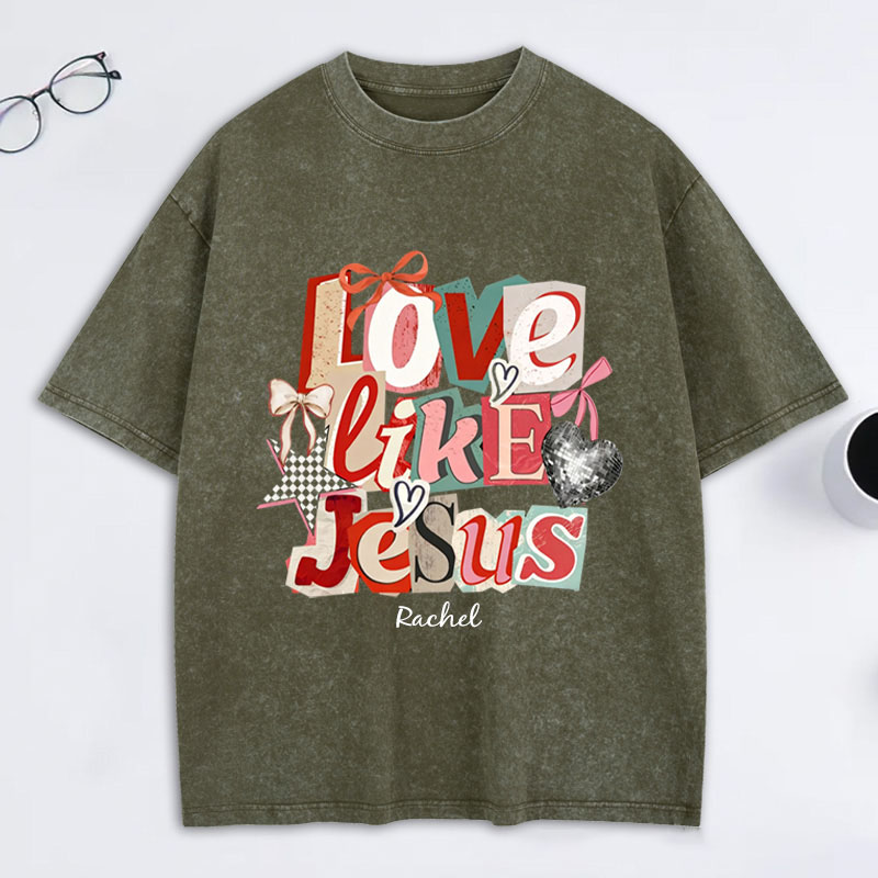 Personalized Love Like Jesus Vintage Washed T-Shirt with Custom Name Preppy Valentine’s Day Checkered Tee Coquette Jesus Shirt Valentine’s Day Gift