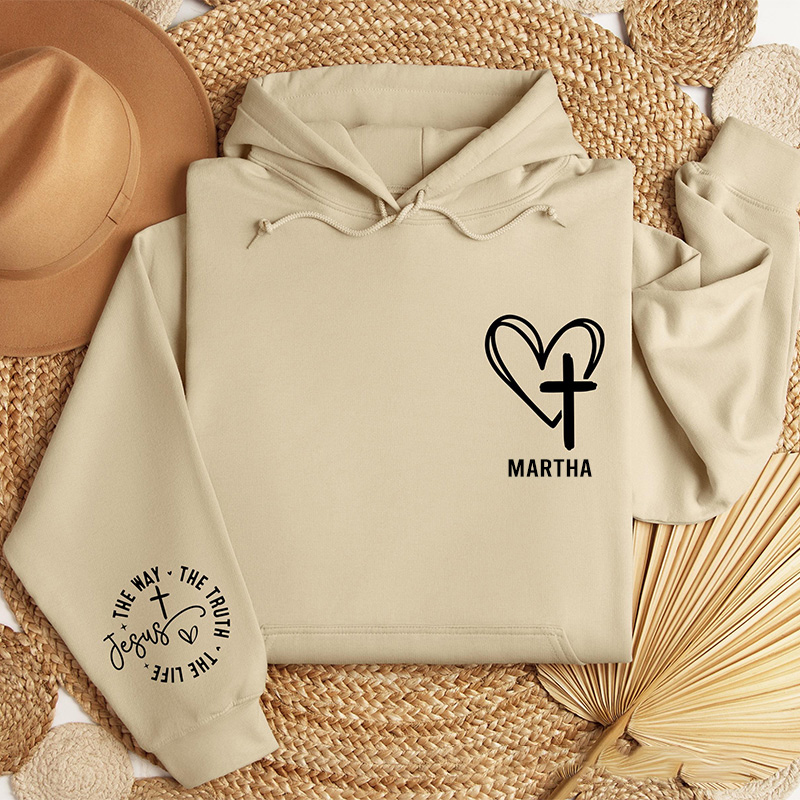 Personalized the Way the Truth the Life Jesus Classic Hoodies with Custom Name Heart and Cross Christian Hoodies Christian Valentine Day Gift