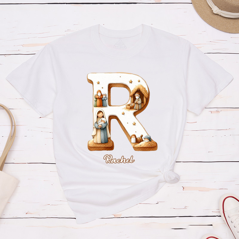 Personalized Nativity Scene Classic T-Shirt with Initial and Name Christian Shirt Religious Gift Faith Gift for Christians