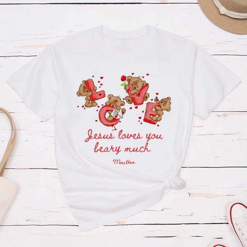 Personalized Jesus Loves you Beary Much Retro Bear Heart Valentine Classic T-Shirt with Name Christian Shirt Religious Gift Valentine's Day Gift for Her