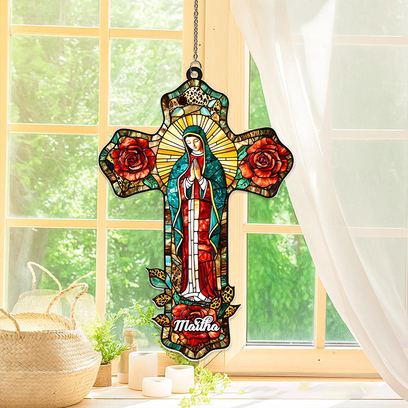 Personalized Lady of Guadalupe Cross Suncatcher with Custom Name Religious Virgin Mary Window Decor Mother of God Catholic Gift for Her