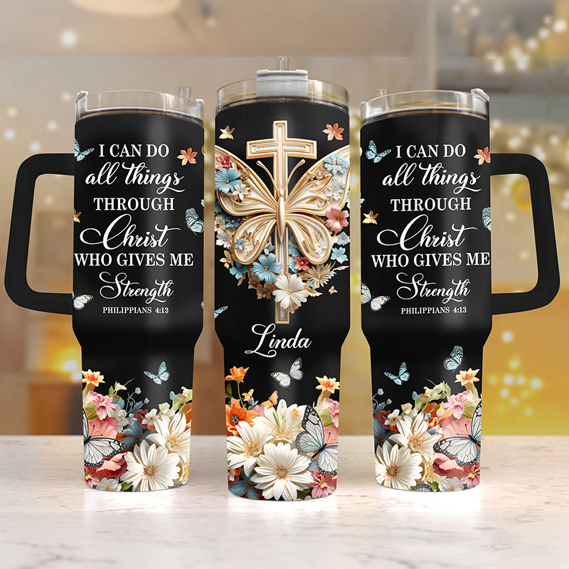 Personalized I Can Do All Things Through Christ 40oz Tumbler with Custom Name Handle and Straw Insulated Large Water Bottle Cup Religious Gift for Her