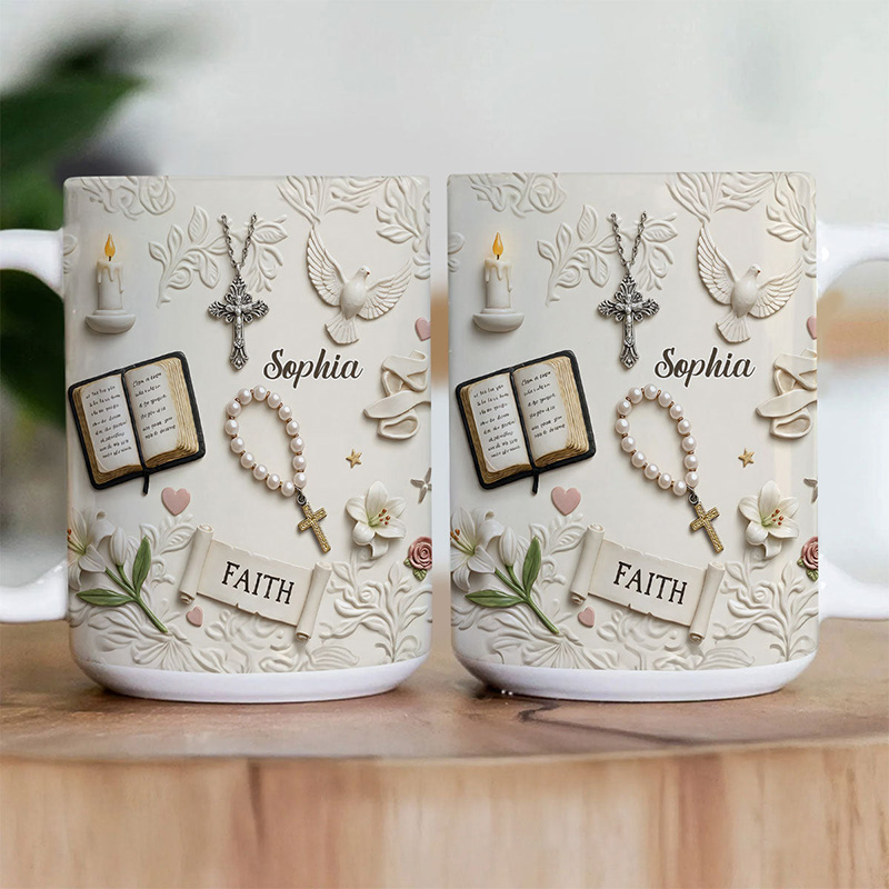Personalized Rooted In Faith 11oz 15oz Ceramic Mug with Custom Name 3D Style Bible Rosary Cross Candles Ddoves Coffee Mug Religious Gift for Her