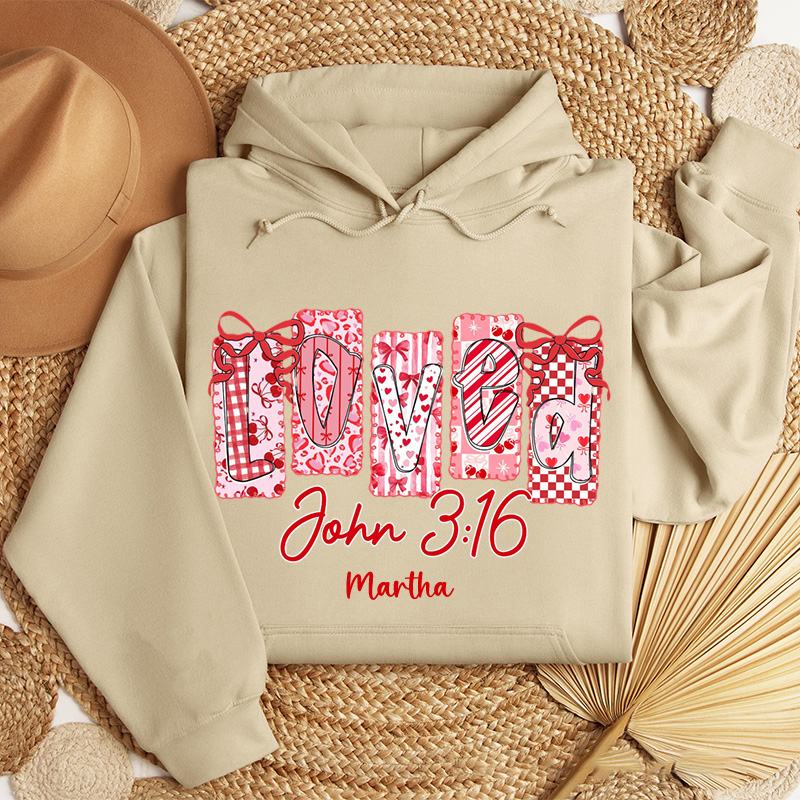 Personalized Loved John 3:16 Classic Hoodies with Name Retro Bible Verse Hoodies Religious Gift Valentines Day Gift for Girls