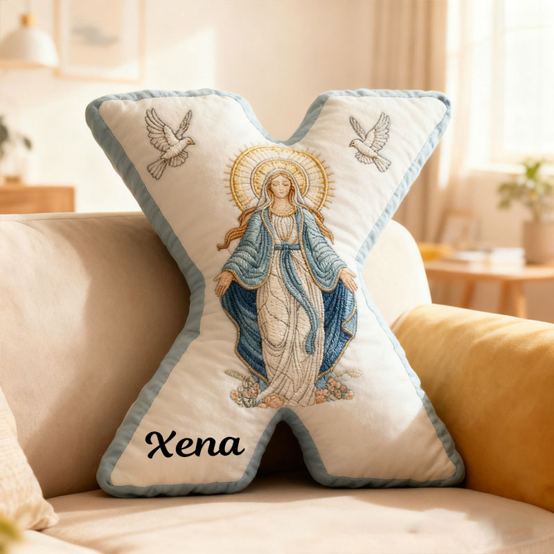 Personalized Virgin Mary Letter Pillow with Custom Name Christian Home Decor Catholic Gift for Her Our Lady of Grace Doves and Floral Graphic 3D Print