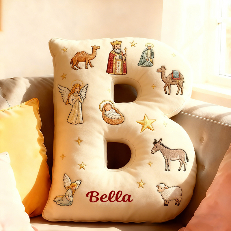 Personalized Christmas Nativity Ccene Letter Pillow with Custom Name Hoom Decor Christian Gift Baby Jesus Angel Shepherd Camel Donkey Graphic 3D Print