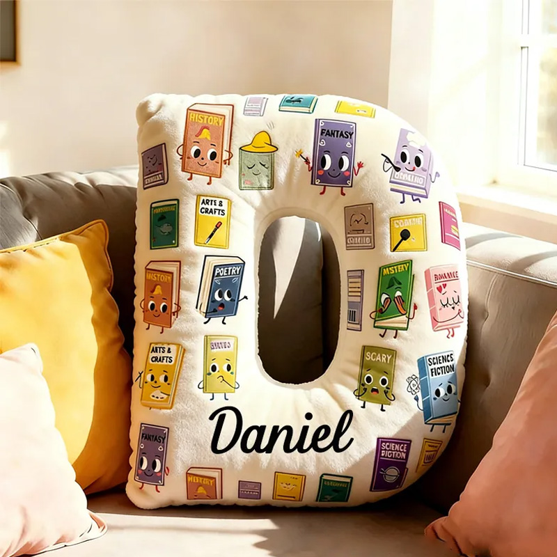 Personalized Book Genres Alphabet Throw Pillow Graphic 3D Cozy Bookish Pillow with Name for Kids Bookworm Librarian Christmas Throw Pillow Bookish Gift