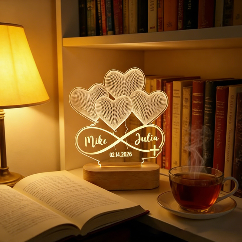 Personalized Infinity Heart Cross 3D Illusion LED Lamp with Wooden Base with Custom Names and Date Valentines Gift for Couple Anniversary Gift