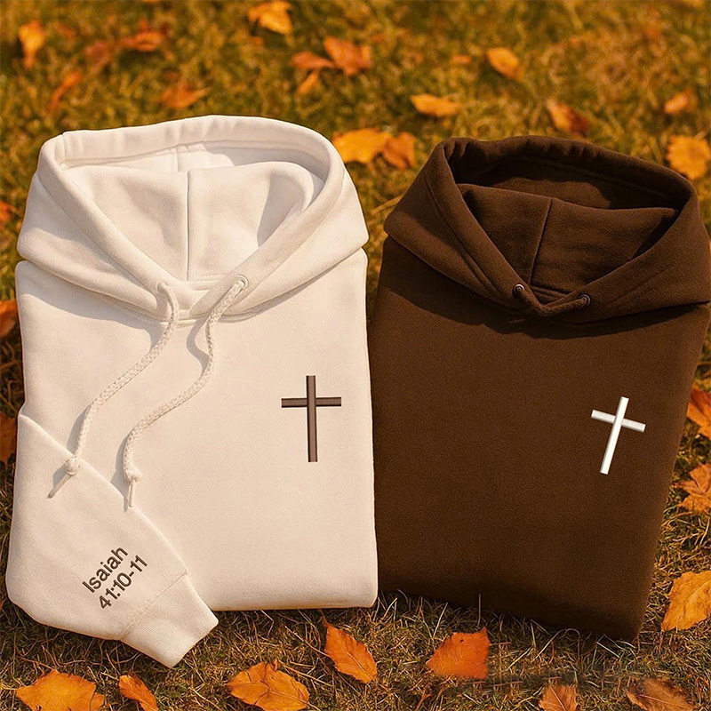 Personalized Cross Embroidered Hoodies with Custom Bible Verse On the Sleeve Couple Matching Sweatshirt Valentine Day Gift Couples Gift