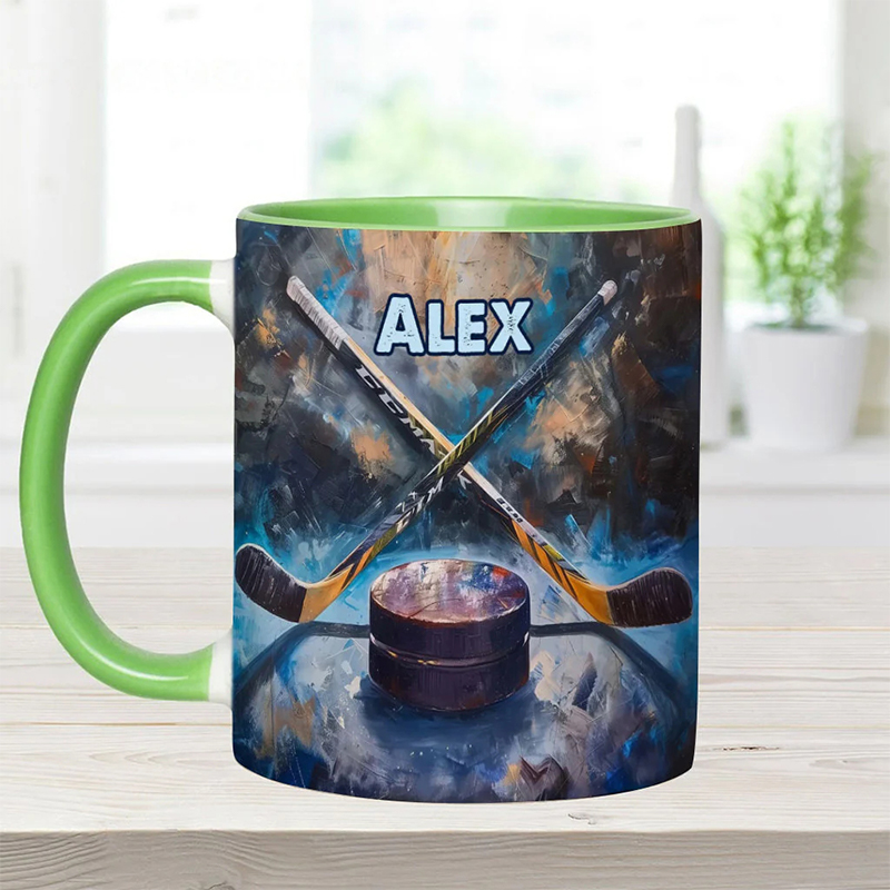 Personalized Ice Hockey Mug with Artistic Stick and Puck Design for Ice Hockey Enthusiasts