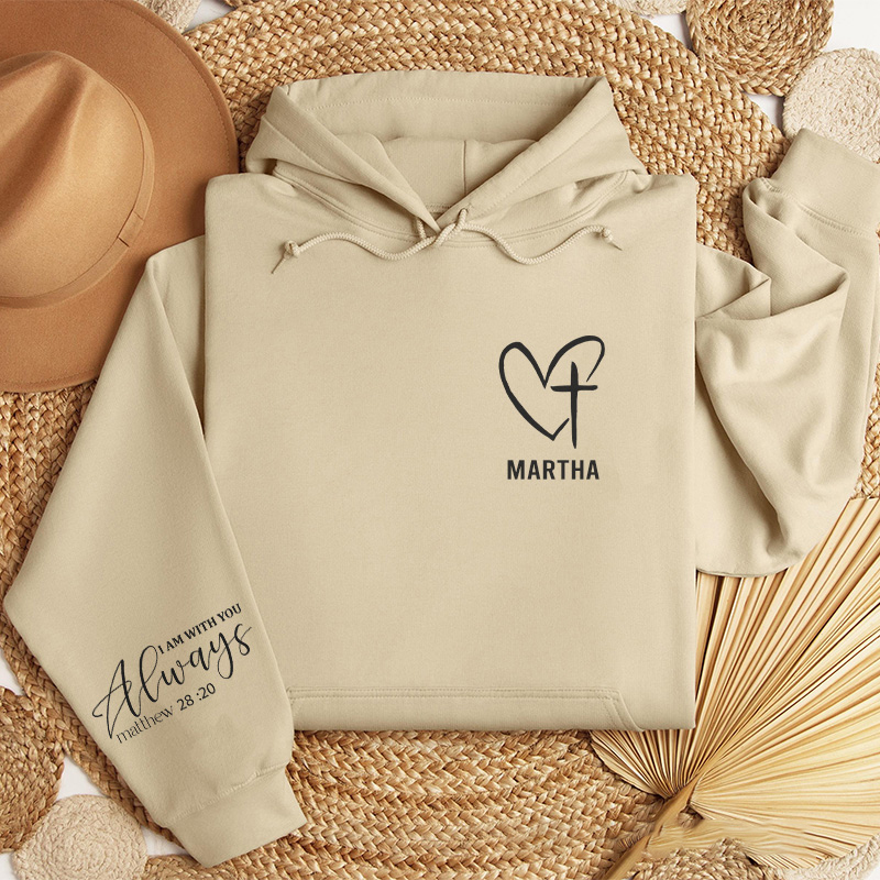 Personalized I am with You Always Heart and Cross Classic Hoodies with Custom Name Bible Verse Sleeve Print Sweatshirt Valentine Day Gift for Her