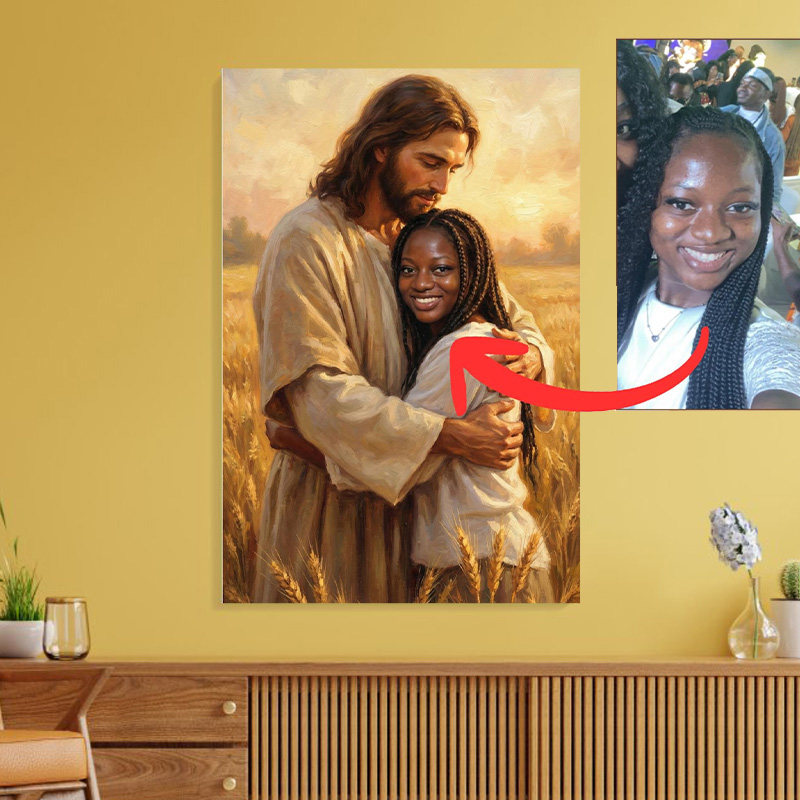 Personalized Jesus Embrace Poster with Custom Photo Wall Decor Christmas Christian Artwork Religious Painting Gift Faith Art Print
