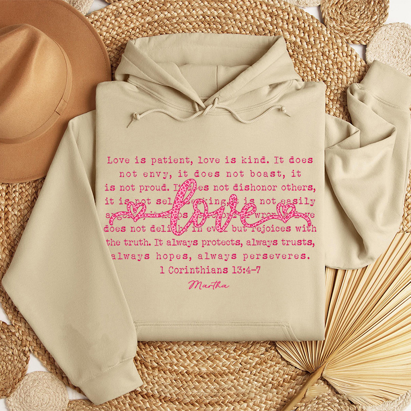 Personalized Love is Patient Love is Kind Classic Hoodies with Custom Name Retro Love Leopard Christian Valentine Sweatshirt Valentine's Day Gift