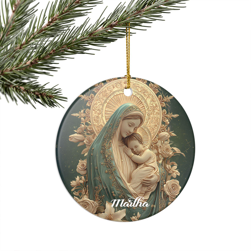 Personalized Our Lady of Joy Catholic Ceramic Christmas Ornament with Custom Name Madonna & Child Relief Style Catholic Ornament Gift Mom Gift