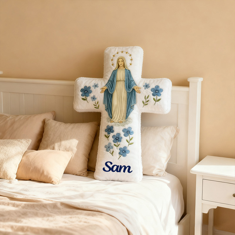 Personalized Catholic Virgin Mary Cross Pillow with Custom Name Home Decor Our Lady Pillow Blue Floral Catholic Marian Pillow Christian Gift for Women