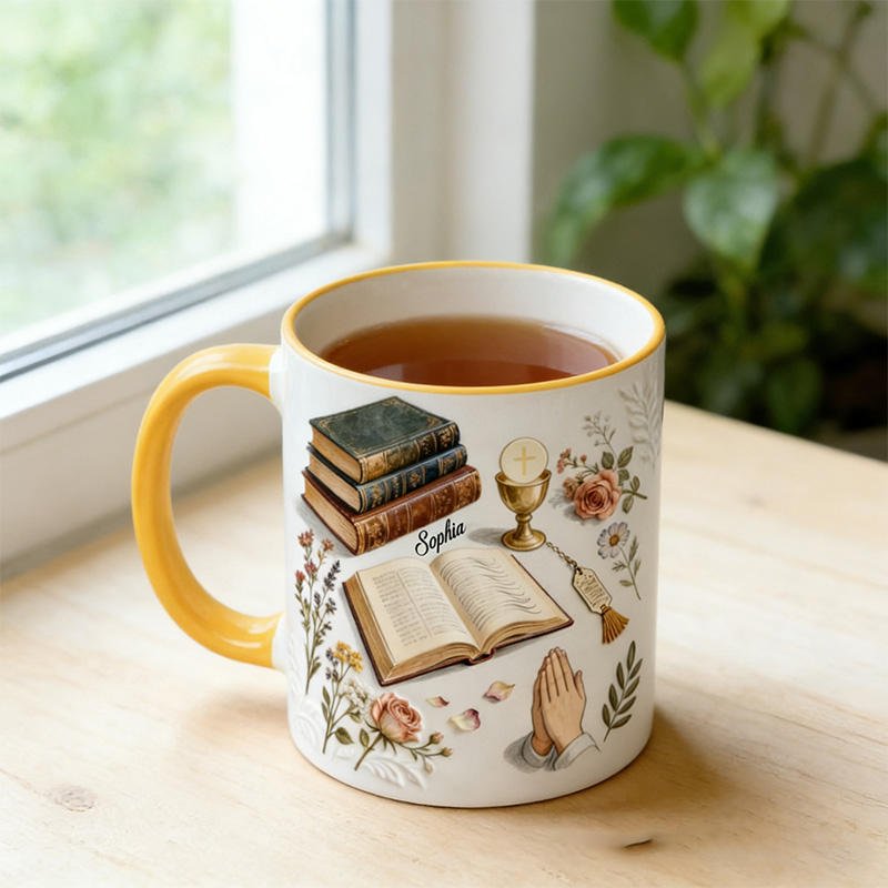 Personalized Just A Girl Who Loves Christ 11oz Ceramic Mug with Name Bible Prayer Hand Chalice Floral Coffee Cup Religious Christian Gift for Women