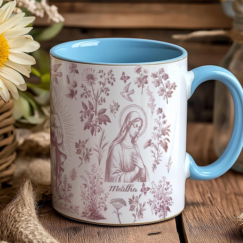 Personalized Catholic Virgin Mary Pink French Toile 11oz Ceramic Mug with Name Our Lady Coffee Cup Floral Catholic Marian Mug Christian Gift for Women