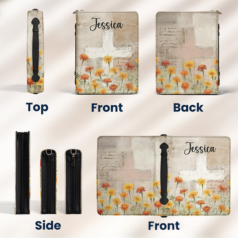 Personalized Watercolor Birth Flower Cross PU Leather Bible Cover Case with Custom Name and Carry Handle Religious Birthday Gift for Christian Women