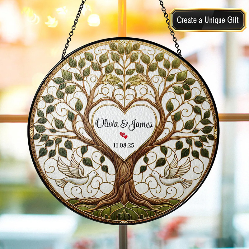 Personalized Tree of Life Wedding Stained Glass Suncatcher Ornament with Custom Name and Date Heart Dove Window Hanging Decor Religious Wedding Gift