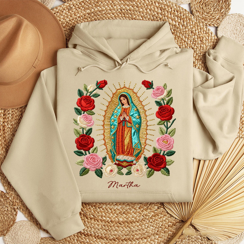 Personalized Our Lady of Guadalupe Classic Hoodies with Custom Name Graphic 3D Print Blessed Mother Mary Catholic Sweatshirt Faith Gift Religious Gift