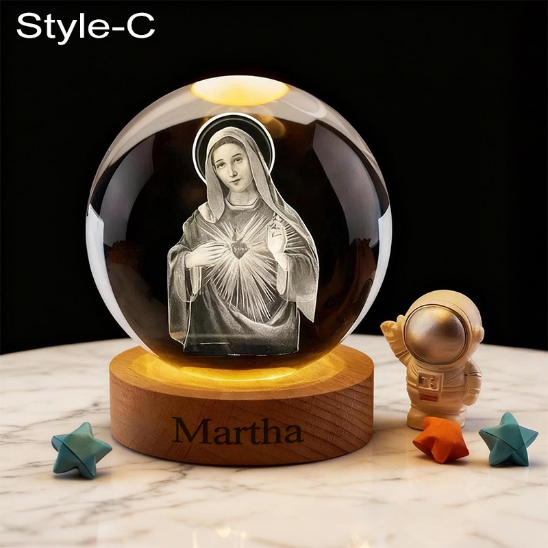 Personalized Cross 3D Engraved Crystal Ball Night Light With Custom Text in Wooden Base Home Decor Jesus Night Lamp Religious Gift Christmas Gift