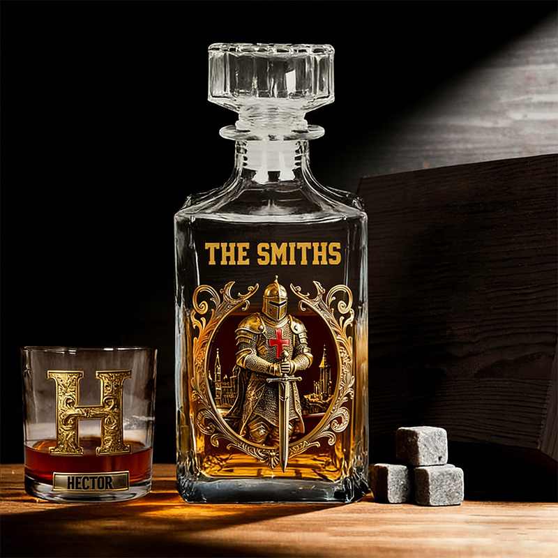 Personalized Strong Warrior Whiskey and Glass Set with Custom Initial and Name Drink Set for Family Christian Knight with Cross Whiskey Decanter Set