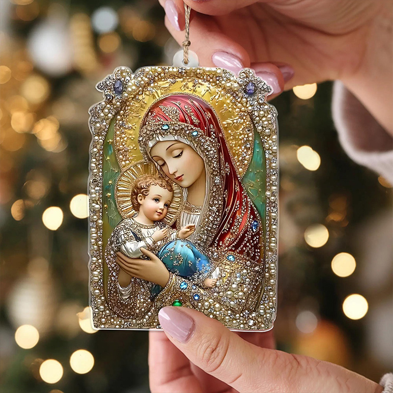Personalized Virgin Mary and Baby Jesus Acrylic Ornament with Custom Name Religious Christmas Tree Decor Catholic Christian Icon Ornament Holiday Gift