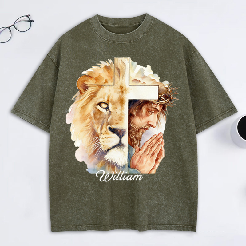 Personalized Man of God Lion of Judah Washed T-Shirt with Custom Name Jesus Tee Religious Gift Christian Gift for Men