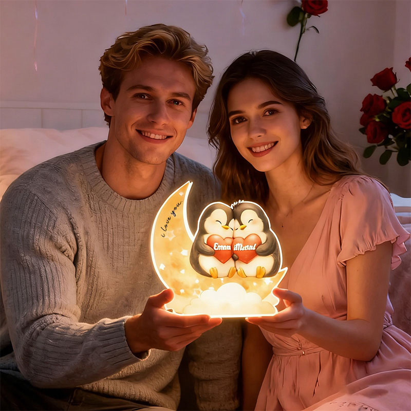 Personalized God Knew My Heart Needed You Penguin Couple Heart Star Moon Acrylic LED Night Light with Name and Text Valentine's Day Gift for Couple