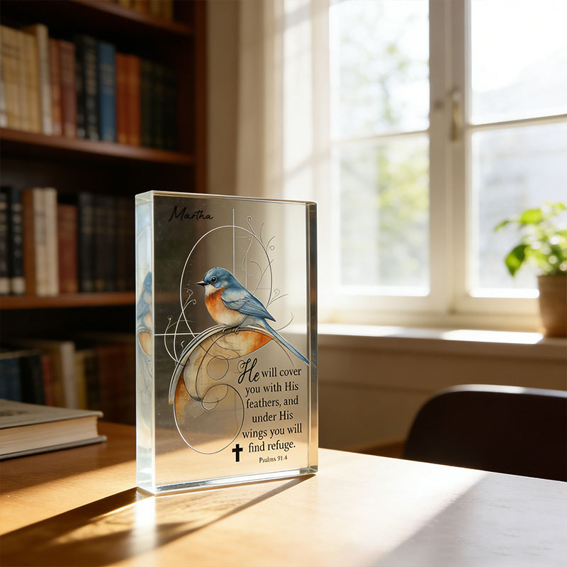 Personalized Bluebird Psalm 91:4 Acrylic Block with Custom Name Scripture Wall Art Faith Home Decor Christian Gifts for Women