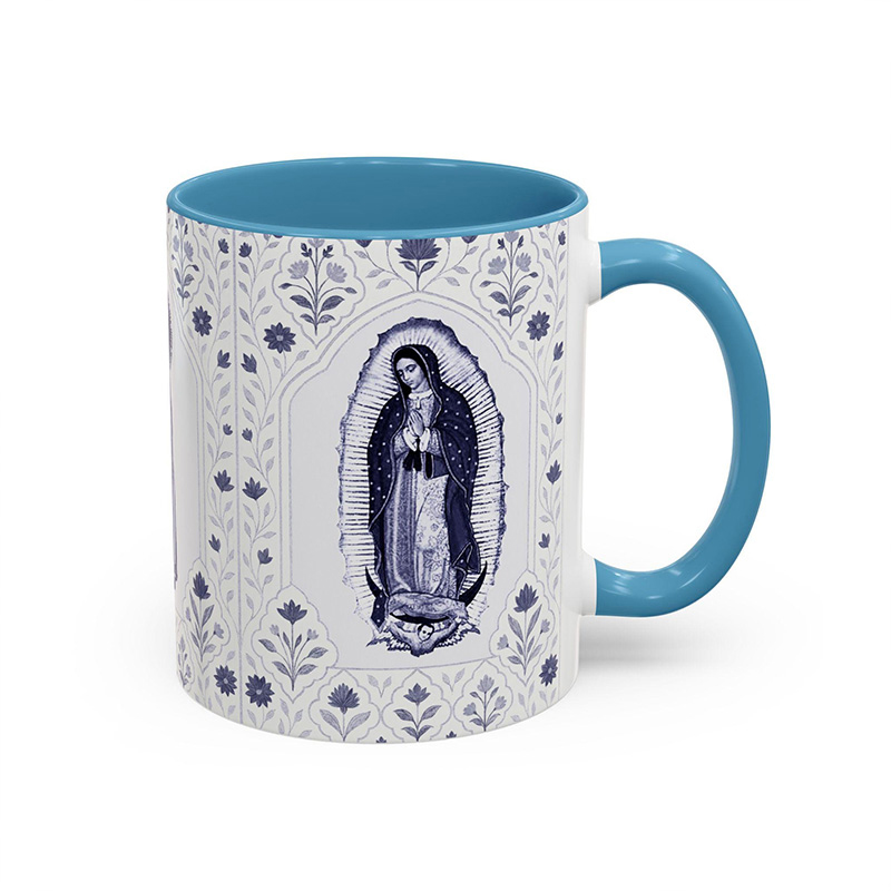 Personalized Vintage Blue Virgin Mary 11oz Ceramic Mug with Custom Name Floral Catholic Our Lady Coffee Mug Marian Coffee Cup Catholic Gift for Women