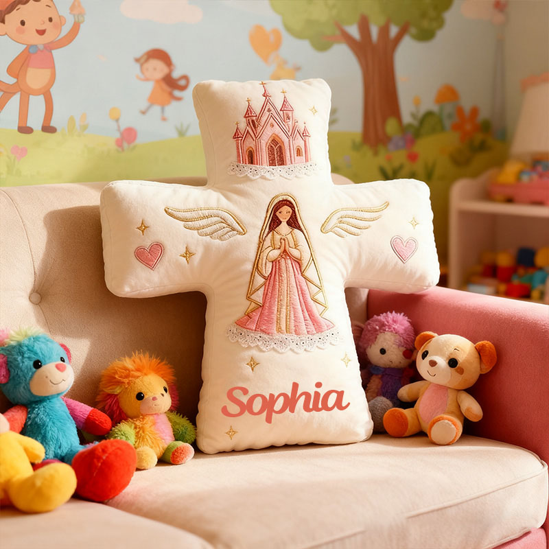 Personalized Virgin Mary Cross Pillow with Custom Name Kid Room Decor Church Cross Angel Wing Religious Faith Gift for Her Graphic 3D Print Pillow