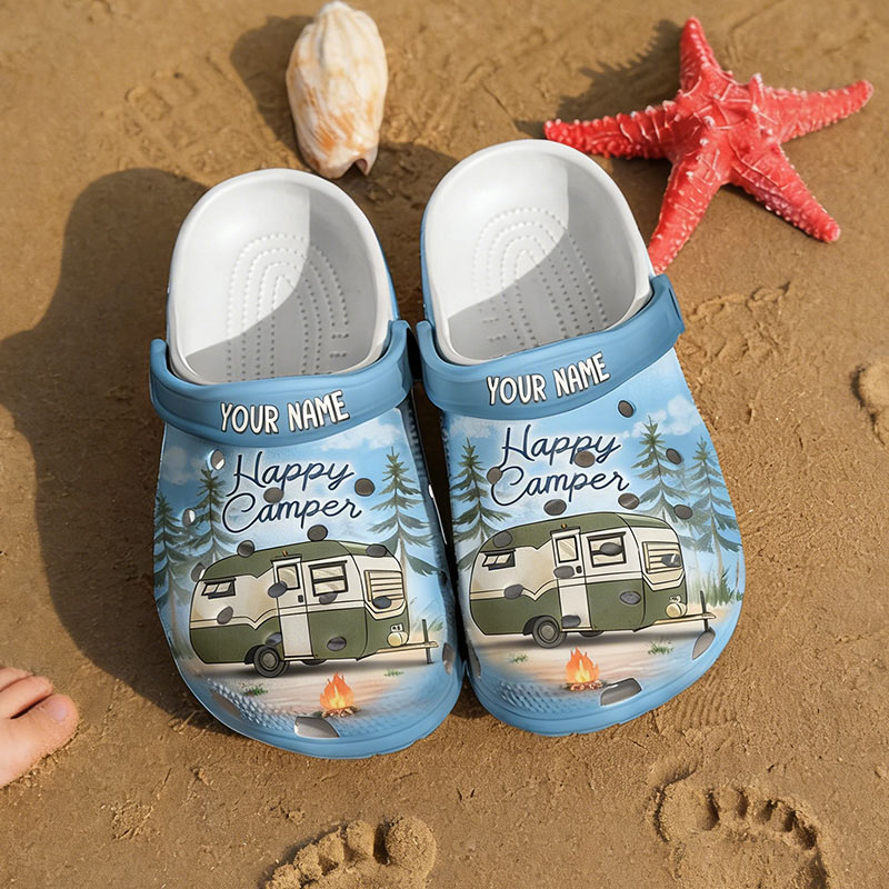 Personalized Forest Happy Campers Slide Sandals Custom Camping Unisex Clogs Gift for Camping Lovers