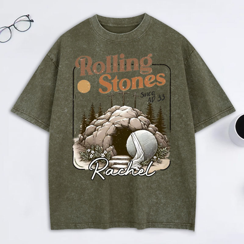 Personalized Rolling Stones Washed T-Shirt with Custom Name Christian Shirt Religious Christian Gift Easter Gift for Christians