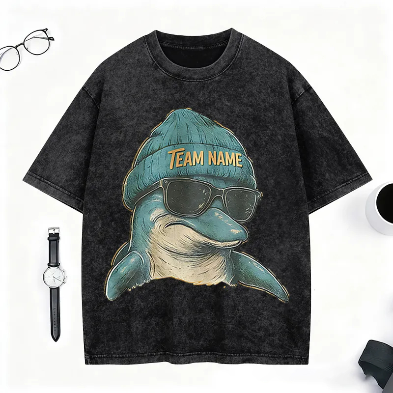 Personalized Retro Football Mascot T-Shirt with Dolphin Graphic and Team Name for Football Fans  